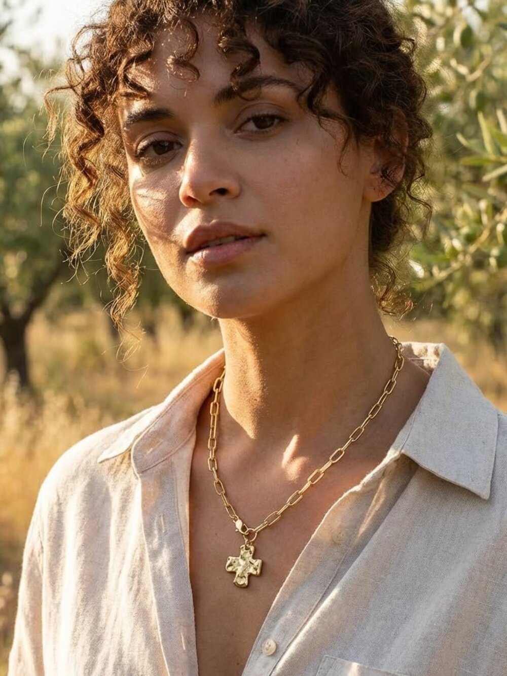 Chunky Cross Necklace for Women Hammered Pendant Paperclip Chain Statement Jewel - Picture 7 of 7